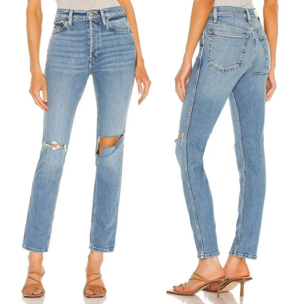 REDONE Denim Jeans 80’s Slim‎ Straight Distressed Blue Jeans Size 26 - Picture 8 of 13